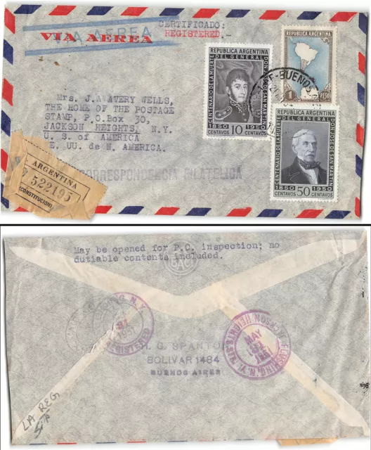 Argentina to Jackson Heights NY, registered, philatelic material, 1951
