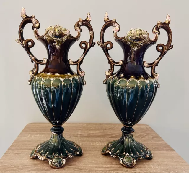 Antique Pair Of Julius Dressler Majolica Art Nouveau Vase Signed JBD *read*