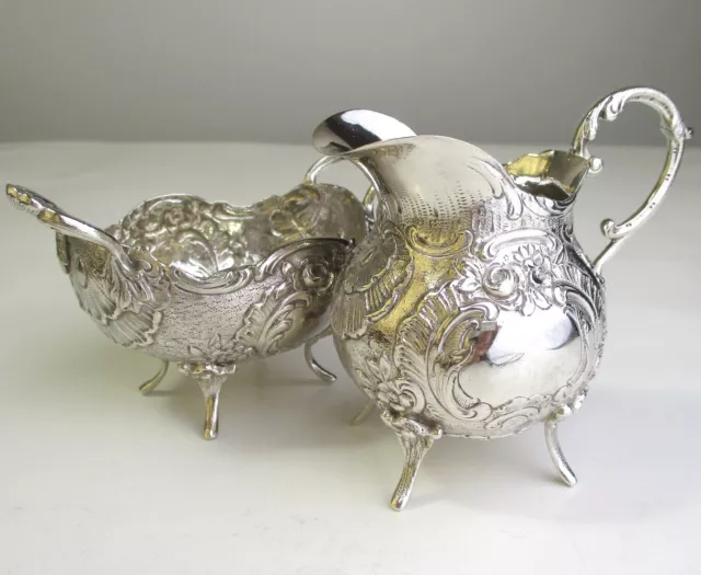 German 800 silver Rococo style indiv. cream & sugar repoussé & chasing antique