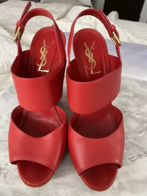 $695 YSL Yves Saint Laurent Deauville Red Cork Heel Wedge Sandals Heels