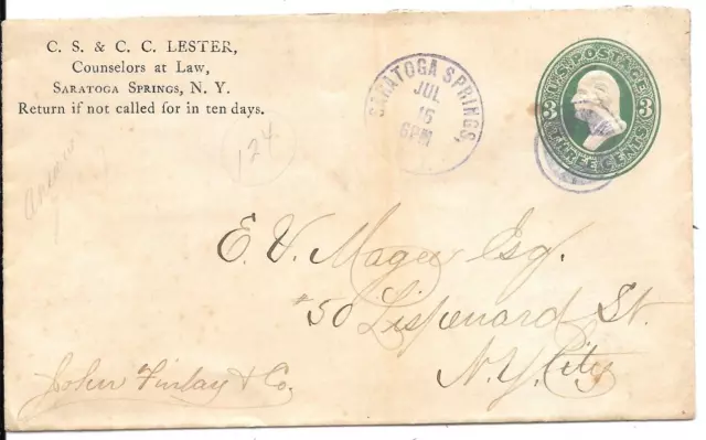 1878 - Saratoga Springs, New York - Negative Star Cancel on Prestamped Envelope
