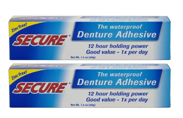 Secure Waterproof Denture Adhesive - Zinc Free - Extra Strong Hold 1.4 oz Pack 2