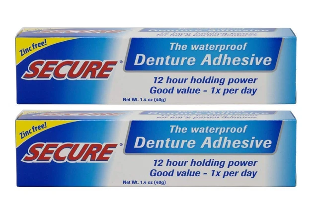 Secure Waterproof Denture Adhesive - Zinc Free - Extra Strong Hold 1.4 oz Pack 2