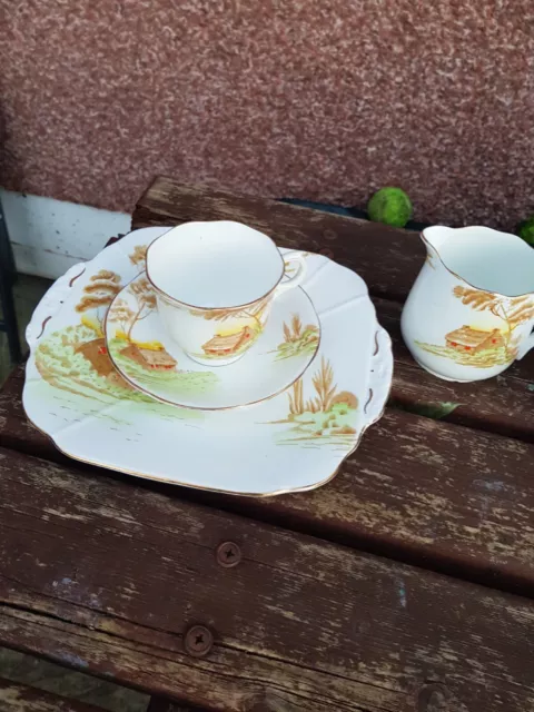 Mid Century Melba Bone China Tea Cup And Saucer, Hand Painted Trees And A House