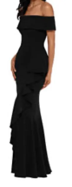 Betsy & Adam Off-The-Shoulder Back Ruffle Mermaid Gown Size 6 Black Worn Once!