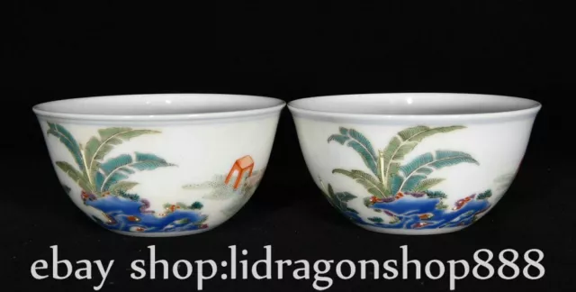 3.4" Yongzheng Marked Chinese Famille rose Porcelain Flower Figure Bowl Pair