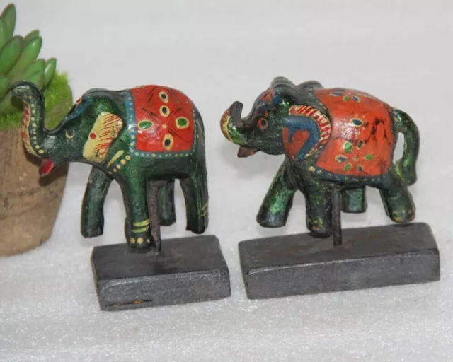 Conjunto de 2 figuras de elefantes pequeños de madera vintage pintura... 3