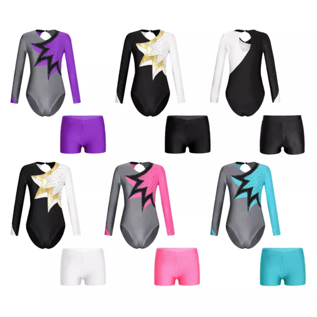 Kids Girls Leotard With Shorts Training Bodysuit Keyhole Back Dancewear Set