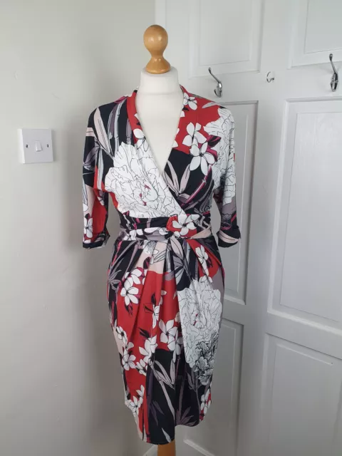 PHASE EIGHT White Red Floral V Neck Fitted Dress Size 10