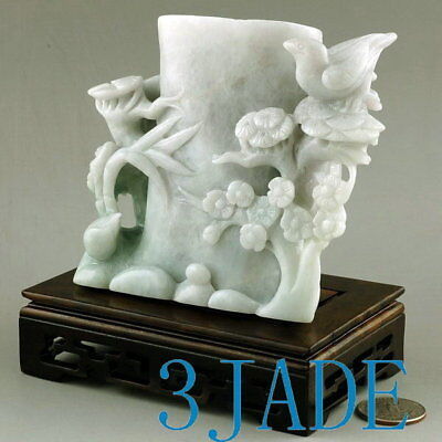 A Grade Natural Jadeite Jade Bird Flower Pen Holder/Carving /Sculpture certified