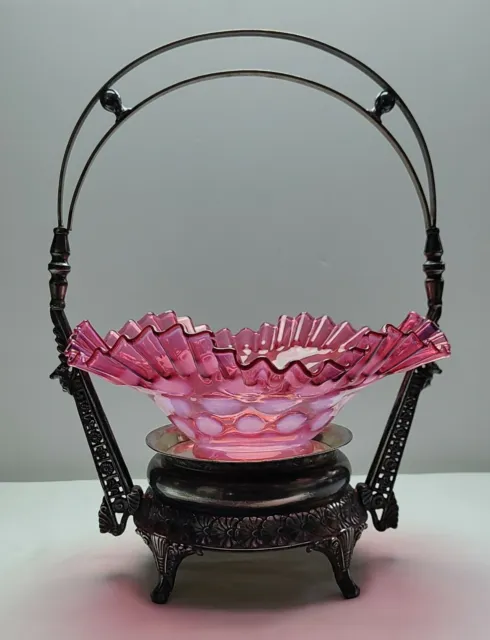 Vintage Victorian Brides Basket Silverplate Frame & Cranberry Opalescent Bowl