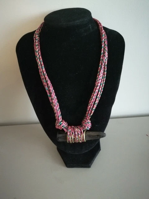 Collier Ethnique à Grosses Perles De Bois Et Franges Raphia - Style Mali/Peul