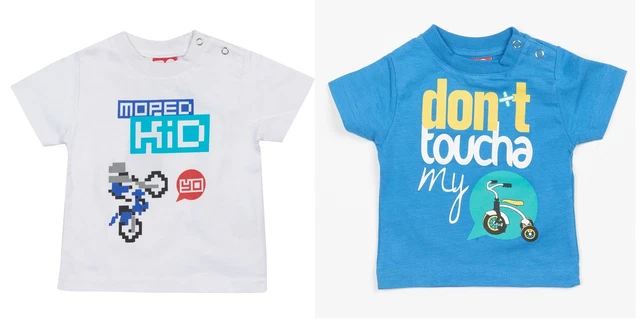 T-SHIRT X 2 Kids Baby Do-Design Ciclomotore Bici Scooter Toddler Bianco e blu IT