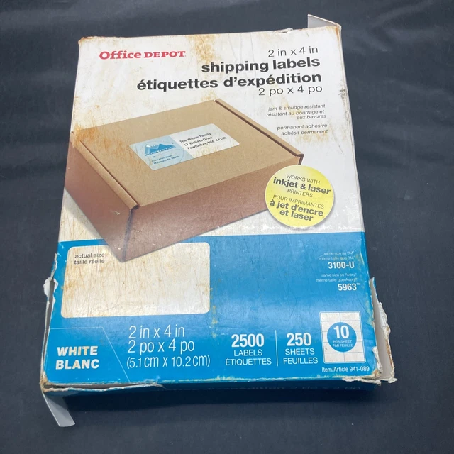 Office Depot Laser Shipping Labels, 505-O004-0020, 2" x 4", White, 2500-Pack