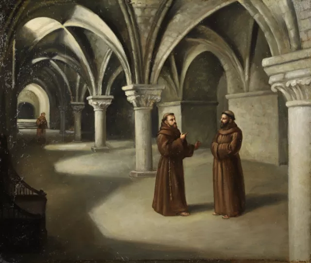 19th CENTURY FRENCH OIL ON PANEL - MONKS IN DISCUSSION IN THE CLOISTERS