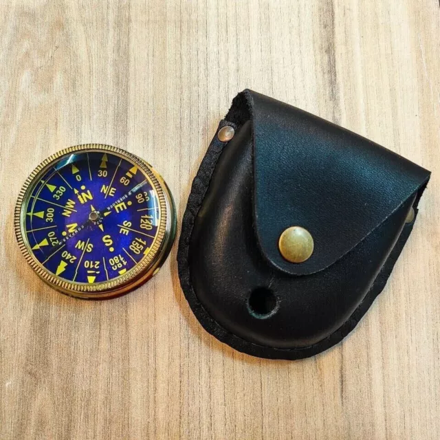 Vintage Antique Brass Compass 2 Inch Pocket Gift Maritime With Leather Case