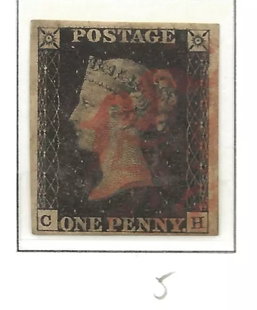 GB 1840 SG2 1d Penny Black PLATE 5 Lettered CH 4 Margin Red MX