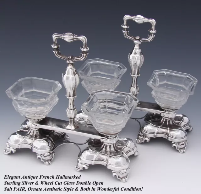 PAIR Antique Napoleon III French Sterling Silver Double Open Salt or Sweetmeats 2