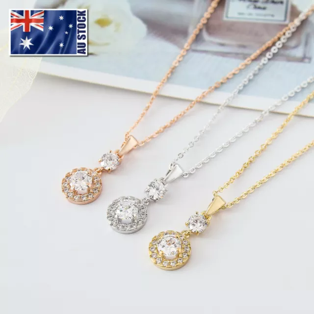 Women's 18K Rose Gold / Gold Filled Crystal Drop Charm Pendant Necklace Stunning