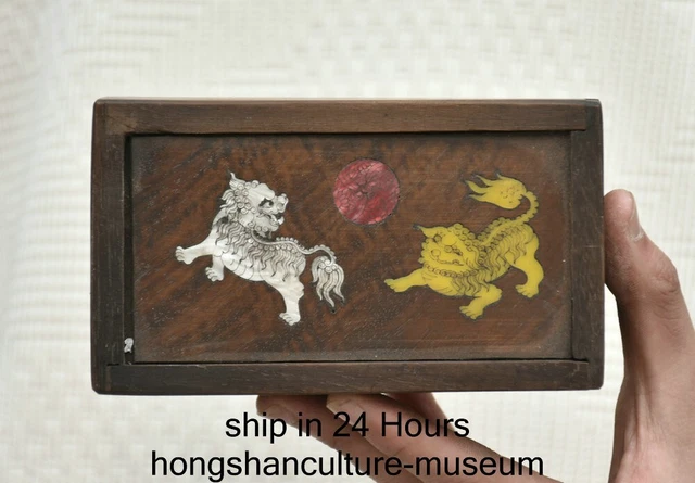 Lion Shell Inlay 5.6& OLD CHINESE Dynasty Boxwood Carved Inlay Shell Pixiu Lion Beast ...