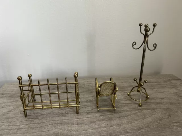 Vintage Dollhouse Miniatures Brass Daybed, Rocking Chair, And Coat Rack 3