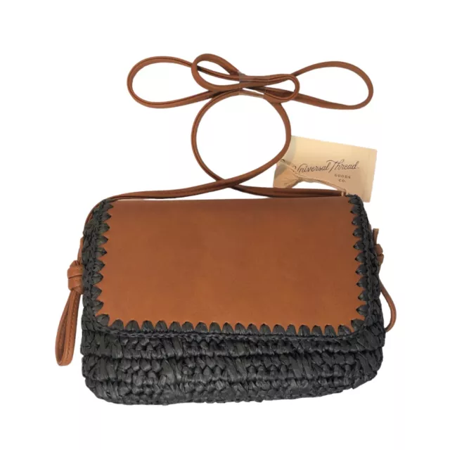Universal Thread Straw Crochet Brown and Black Crossbody Purse with Snap Closure