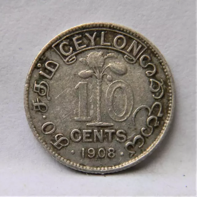 British CEYLON Edward VII 1908 silver 10 Cents colonial coinage; F