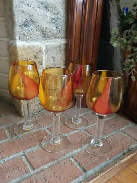 VTG Hand Blown Art Glass MURANO AMBER Fire Swirl Goblets Wine Stemware  SET OF 4