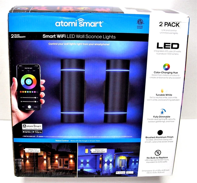 ATOMI SMART WiFi LED WALL SCOUNCE LIGHTS - 2 PACK BLACK BRUSHED ALUMINUM FINISH