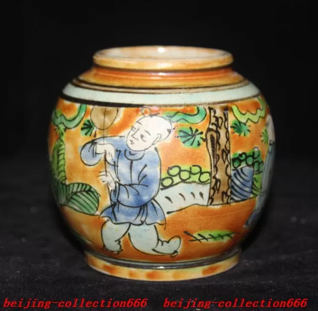 3.2" Chinese wucai porcelain boy Tree elder Tanks Crock tank pot canister jar