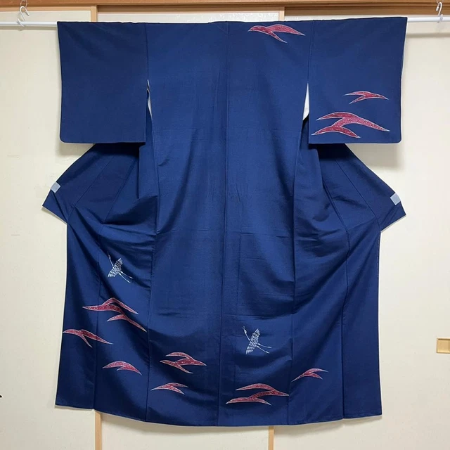 Japanese Pure Silk Semi-Formal Kimono Tsukesage Houmongi 157.5cm Navy Crane
