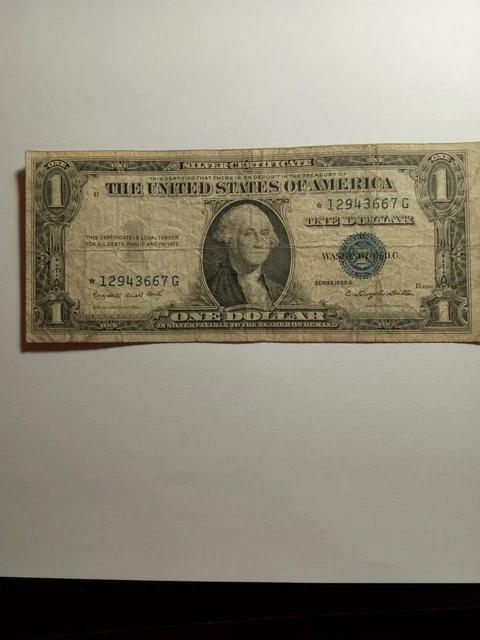 Old Money Star Note 1935G Series Blue Seal Silver Certificate, and off center