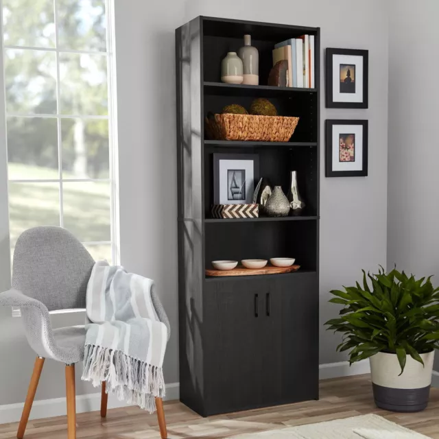 Traditional 5 Shelf Bookcase W/ Doors Gives You Multiple Storage Options Black 2