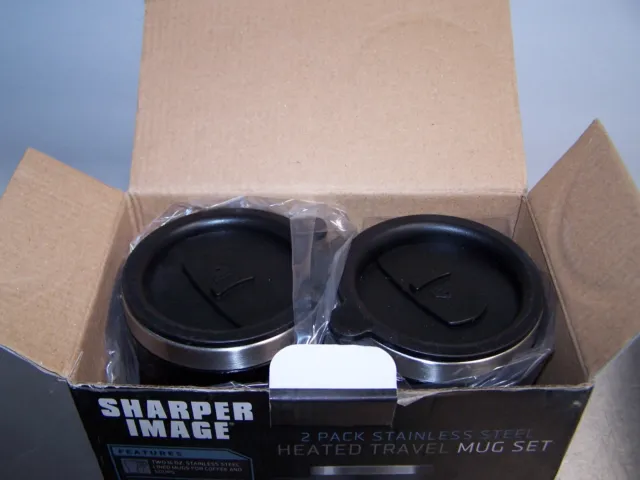 sharper image 2 pack stainless steel heated travel muge new in box 4