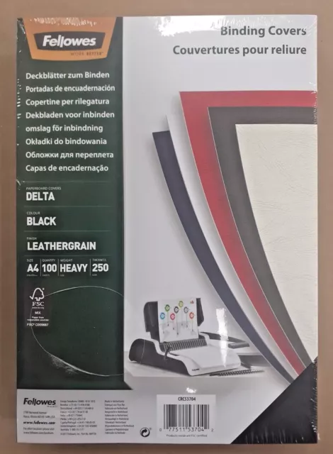 100x FELLOWES A4 BLACK LEATHERGRAIN 250gsm HEAVY BINDING COVERS DELTA CRC53704