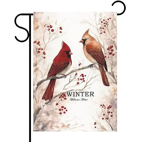 Winter Red Cardinal Birds Garden Flag 12 x 18 Inch Winter Welcome Outdoor Yar...