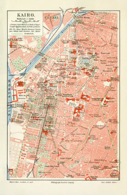 Kairo historischer Stadtplan Karte Lithographie ca. 1905 antike Stadtkarte