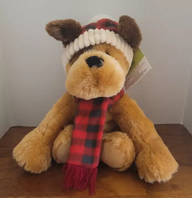 Tags Hug Fun Reese St Jude's Dog Plush in Red Plaid Scarf & Hat 12" Sitting