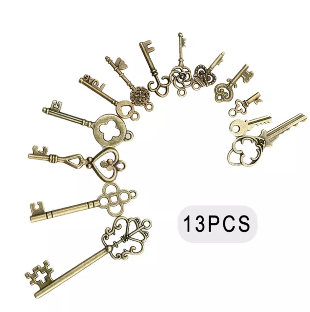 13PCS Large Vintage Antique Bronze Skeleton Keys Cabinet Barrel Old Lock Set