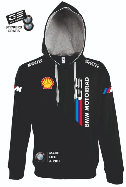 Felpa zip e  Cappuccio  BMW GS 1250 1200 900 850 MOTORRAD MAKE LIFE + stickers
