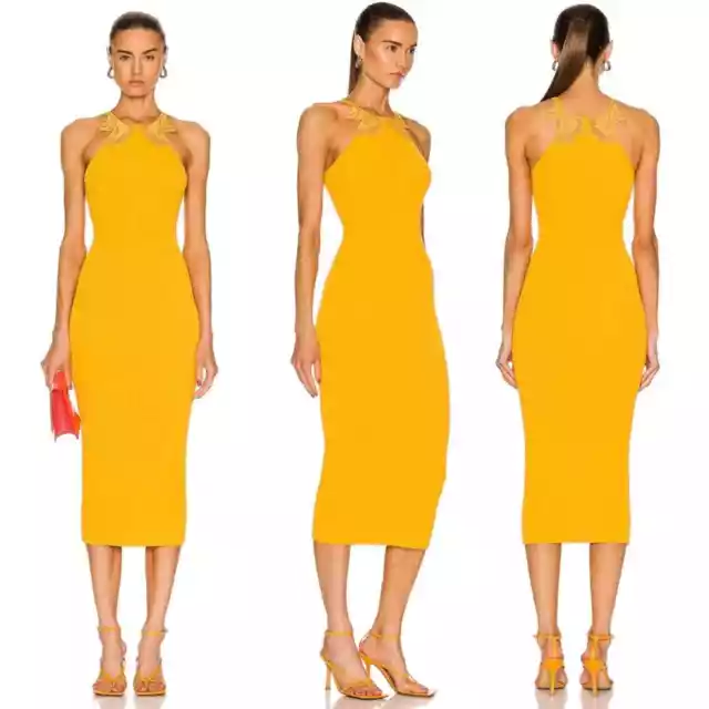 New Self Portrait Canary Yellow Inserted Lace Rib Knit Midi Dress Size XL