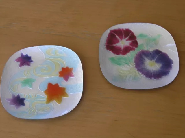 Two Very Pretty Vintage Square  Japanese Wireless Foil Cloisonne Dishes