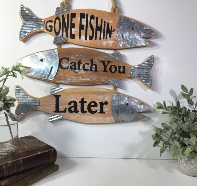 Gone Fishin’ ~Catch You Later~ Wooden Fish Shape Sign~Rope~Metal Accents~20” 2