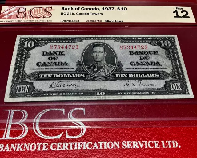 *BCS Certification* 1937 Bank Of Canada $10 BC-24b,  Gordon-Towers 2