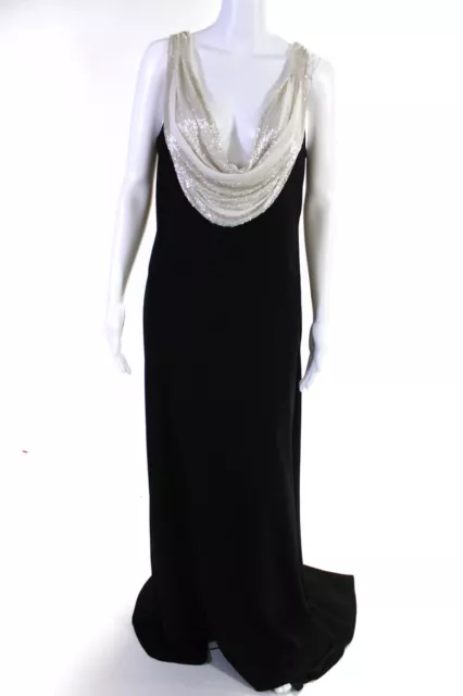 Carmen Marc Valvo Womens Beaded Cowl Neck Sleeveless Gown Black Size 12