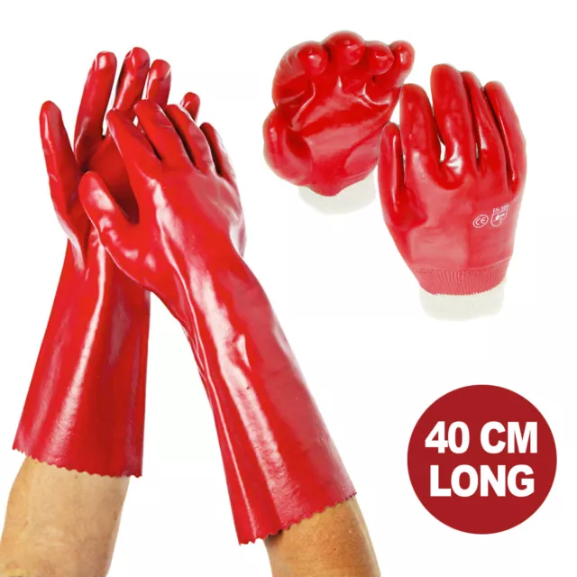 Red PVC Rubber Heavy Duty Gauntlet 16" Long Arm Chemical Safety Gloves XL