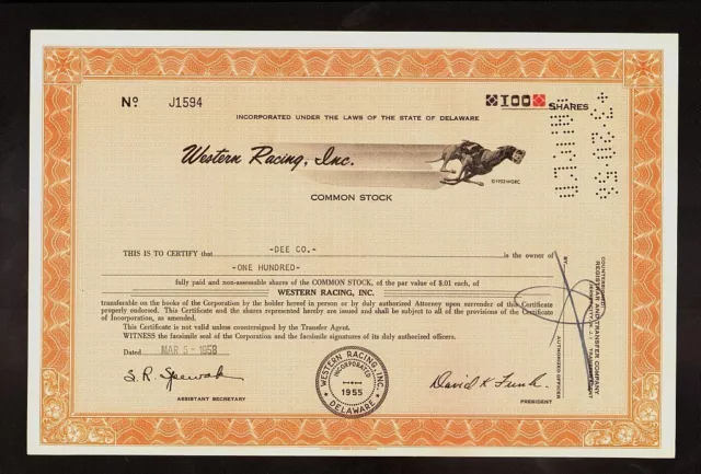 GREYHOUND DOG RACING : WESTERN RACING INC old stock certificate 1950s