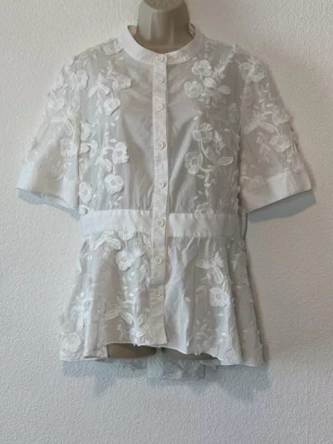 Pearl By Lela Rose Womens 12 White Blouse Short Sleeve Short Peplum Embroidered