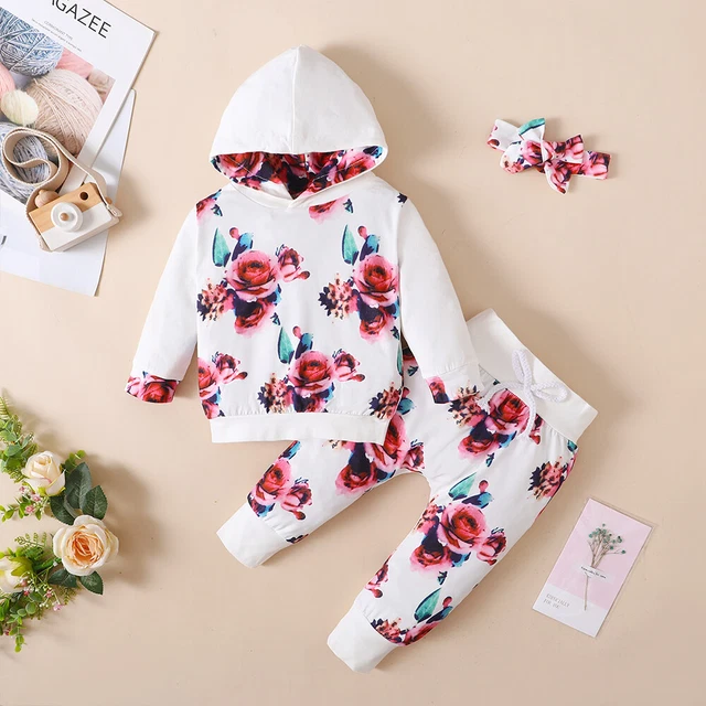 Newborn Baby Girl Clothes Floral Hooded Tops Pants Toddler Outfits Set Tracksuit
