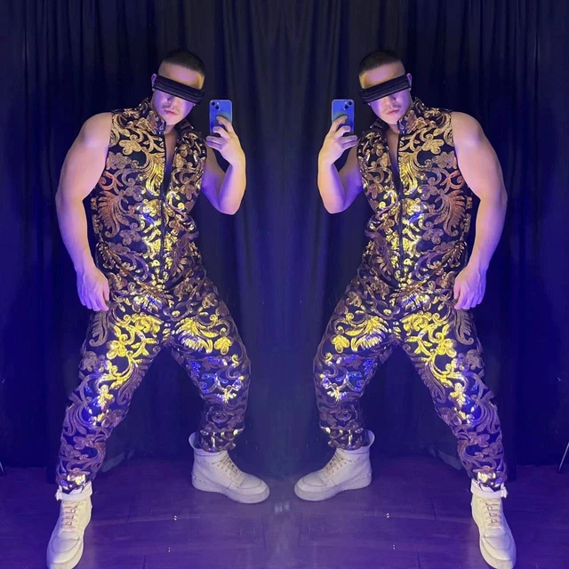 Paillettes Oro Glitter Senza Maniche Tuta Danza Costume Performance Stage